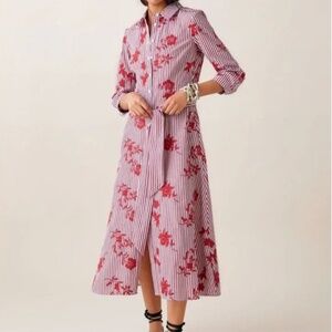 ZARA Red White Striped Floral Embroidered Midi Shirt Dress 3/4 Sleeve - NWT